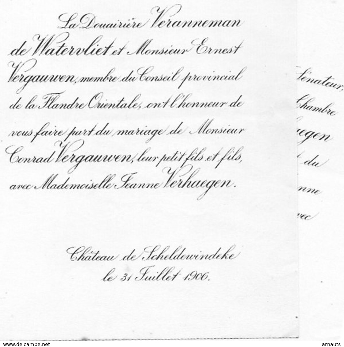 Mariage 1906 Jeanne Verhaegen & Conrad Vergauwen Veranneman De Watervliet Château De Scheldewindeke Merelbeke Lammens - Mariage