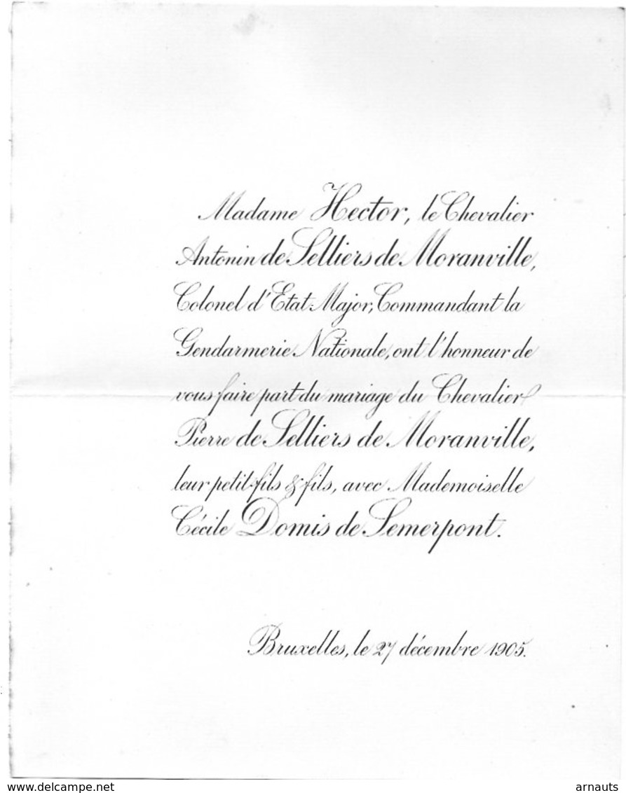 Mariage 1906 Cecile Domis De Semerpont & Pierre De Selliers De Moranville HECTOR Bruxelles Cornet De Peissant - Mariage