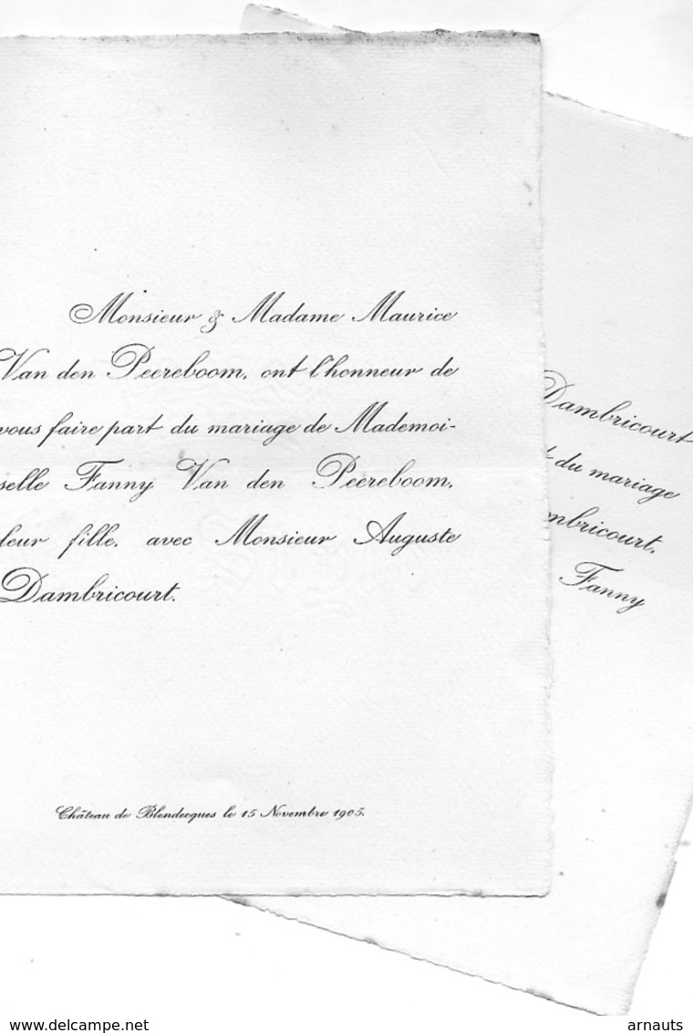 Mariage 1905 Auguste Dambricourt & Fanny Van Den Peereboom Château De Blendecques Château D'Hallines - Mariage