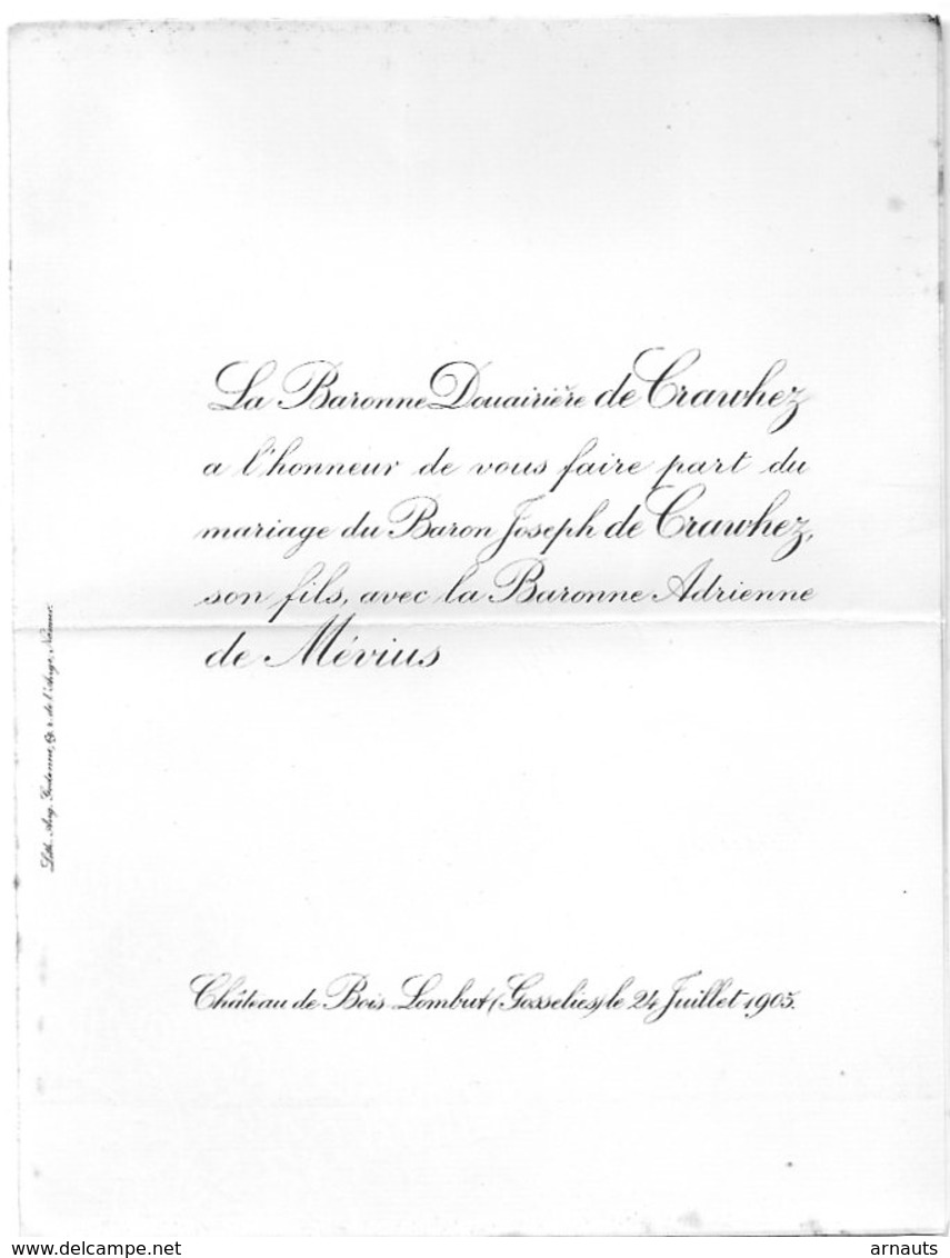 Mariage 1905 Baron Joseph De Crawhez & Adrienne De Mévius Château De Bois Lombert Gosselies 1 Feuille - Annunci Di Nozze