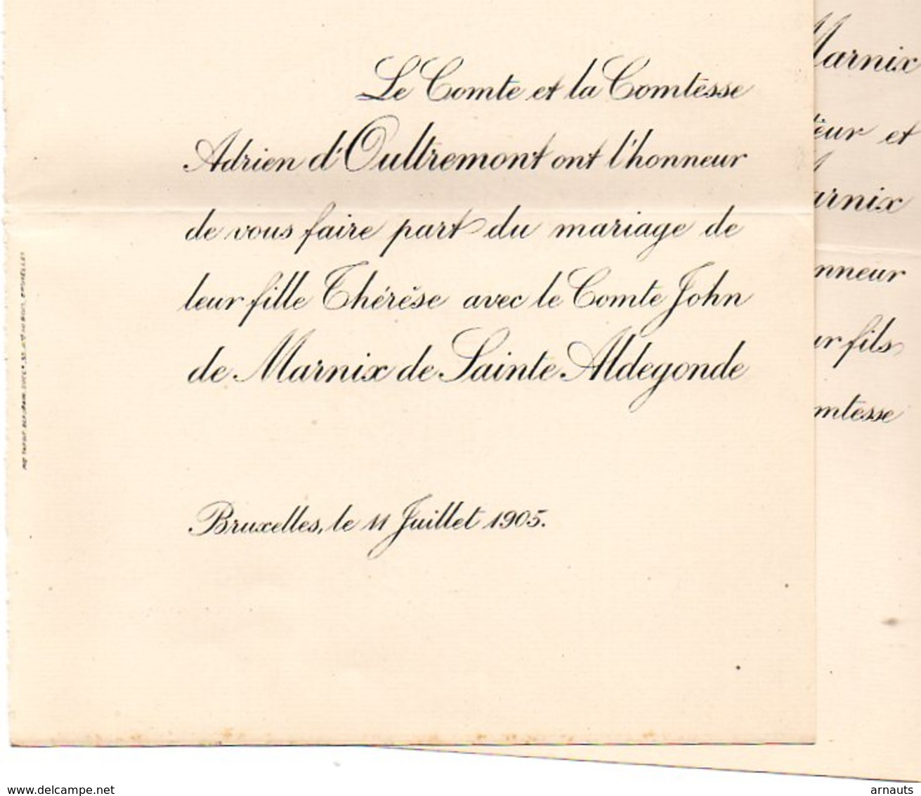 Mariage 1905 John De Marnix De Sainte Aldegonde & Therese D'Oultremont Bruxelles Eizer Overijse - Mariage