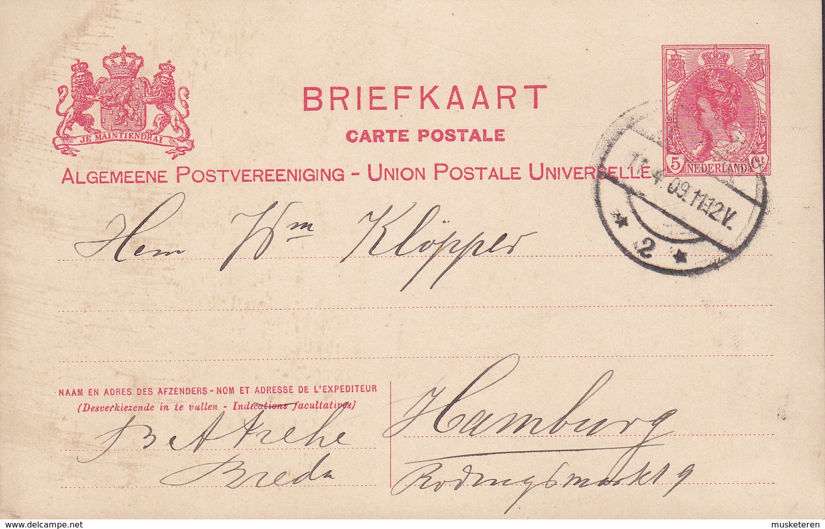 Netherlands UPU Postal Stationery Ganzsache 5c. Wilhelmina BREDA 1909 HAMBURG Germany - Postal Stationery