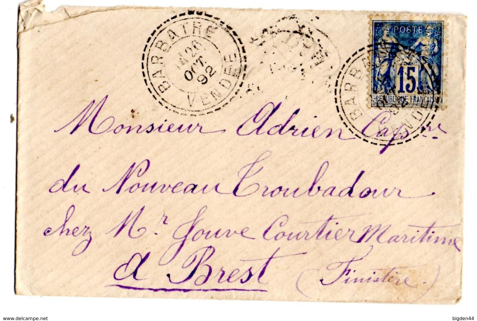 Lettre De Barbatre Vendée (26.10.1892) Pour Brest BM - 1877-1920: Période Semi Moderne