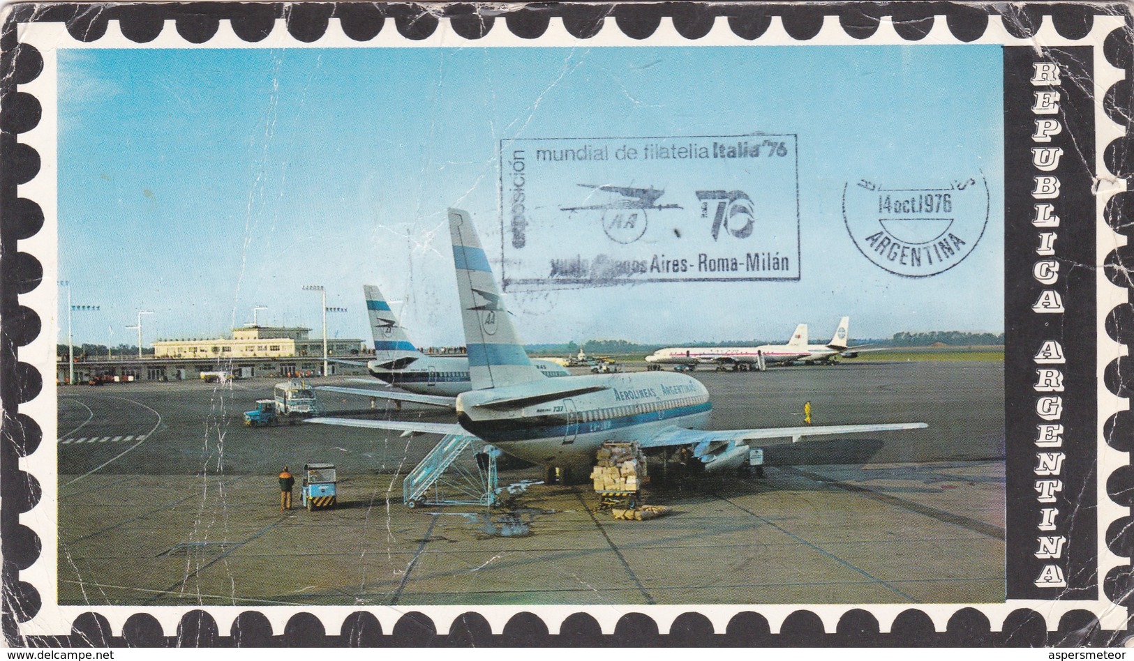 1976 RARE SPC CARD ARGENTINE- VUELO BUENOS AIRES ROMA MILAN, EXPO MUNDIAL FILATELIA ITALIA'76  - BLEUP - Aviones