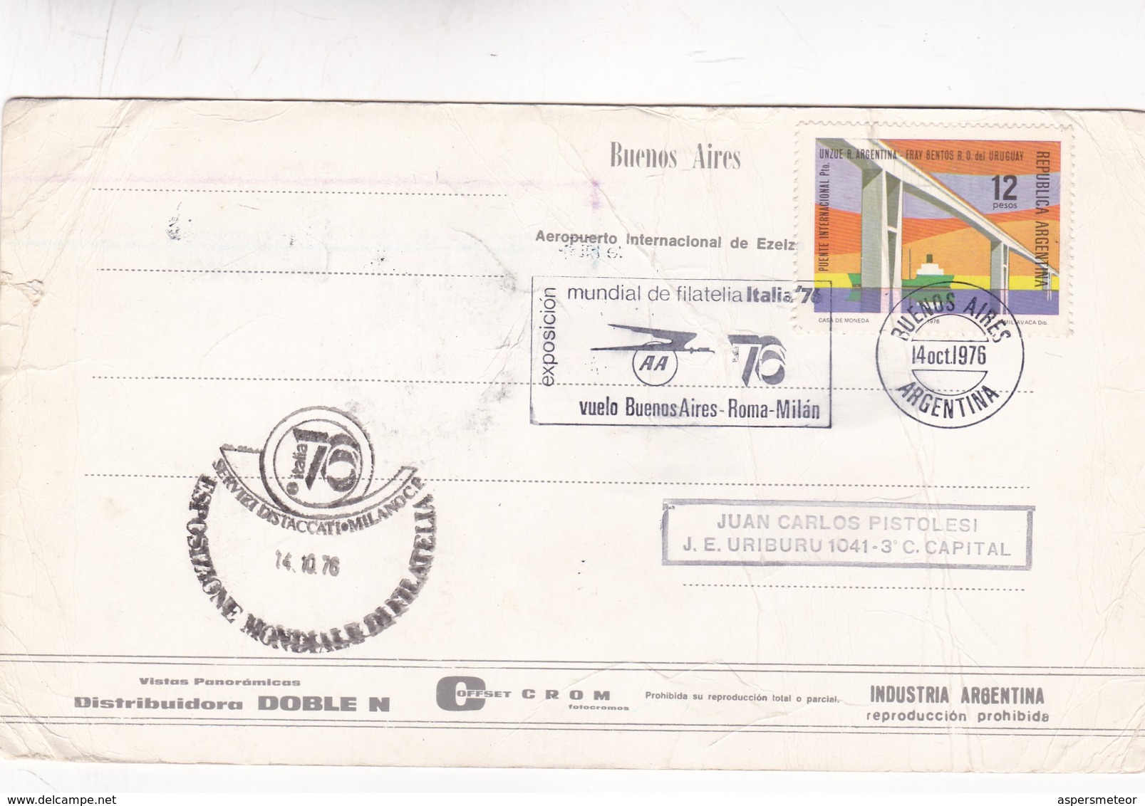 1976 RARE SPC CARD ARGENTINE- VUELO BUENOS AIRES ROMA MILAN, EXPO MUNDIAL FILATELIA ITALIA'76  - BLEUP - Aerei