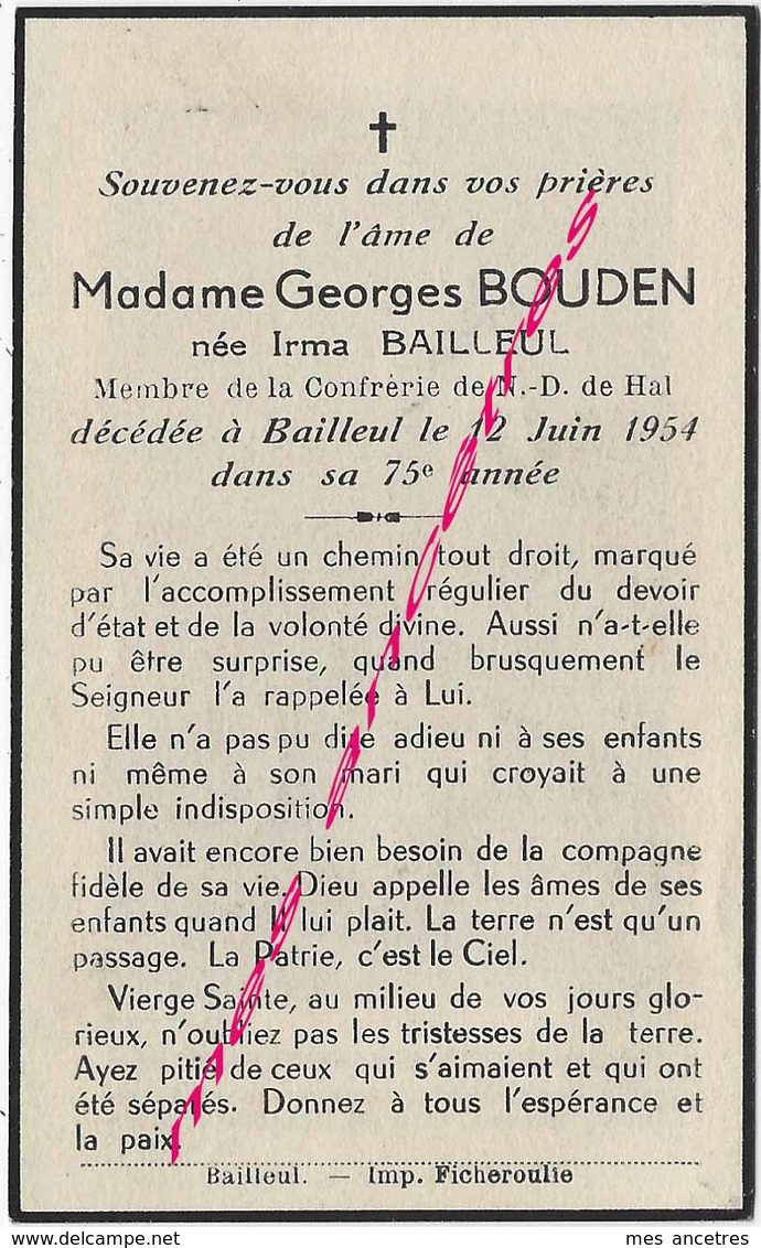 En 1954 Bailleul (59) Madame Georges BOUDEN Née Irma Bailleul Membre Confrérie N. D De Hal - Décès