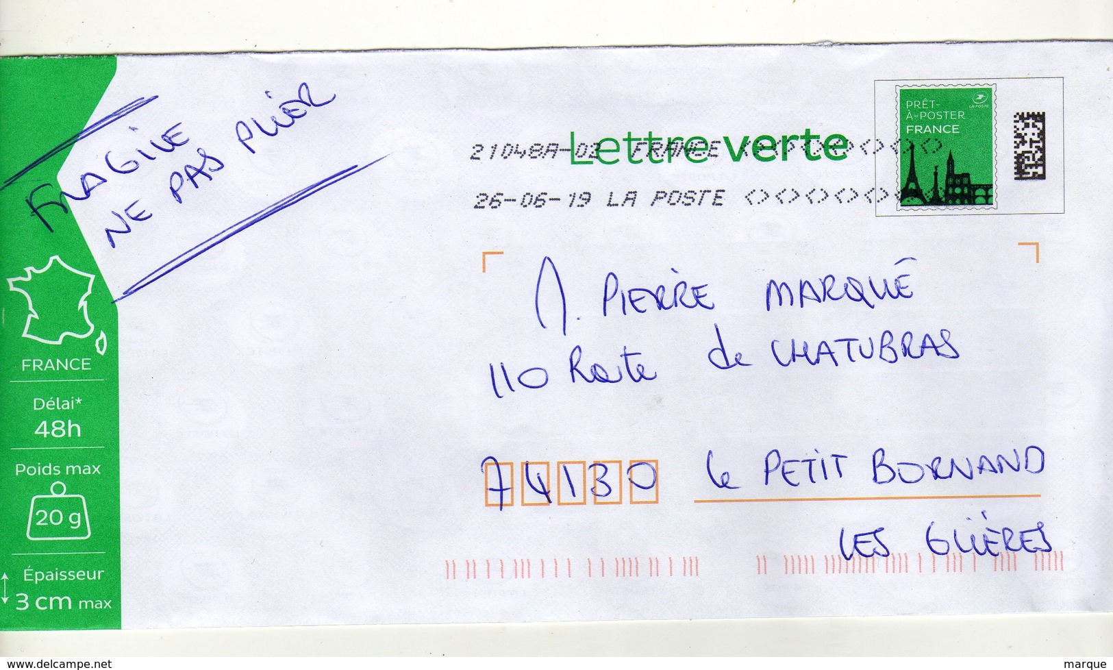 Enveloppe FRANCE Prêt à Poster Lettre Verte Oblitération LA POSTE 21048A-02 26/06/2019 - Prêts-à-poster:  Autres (1995-...)