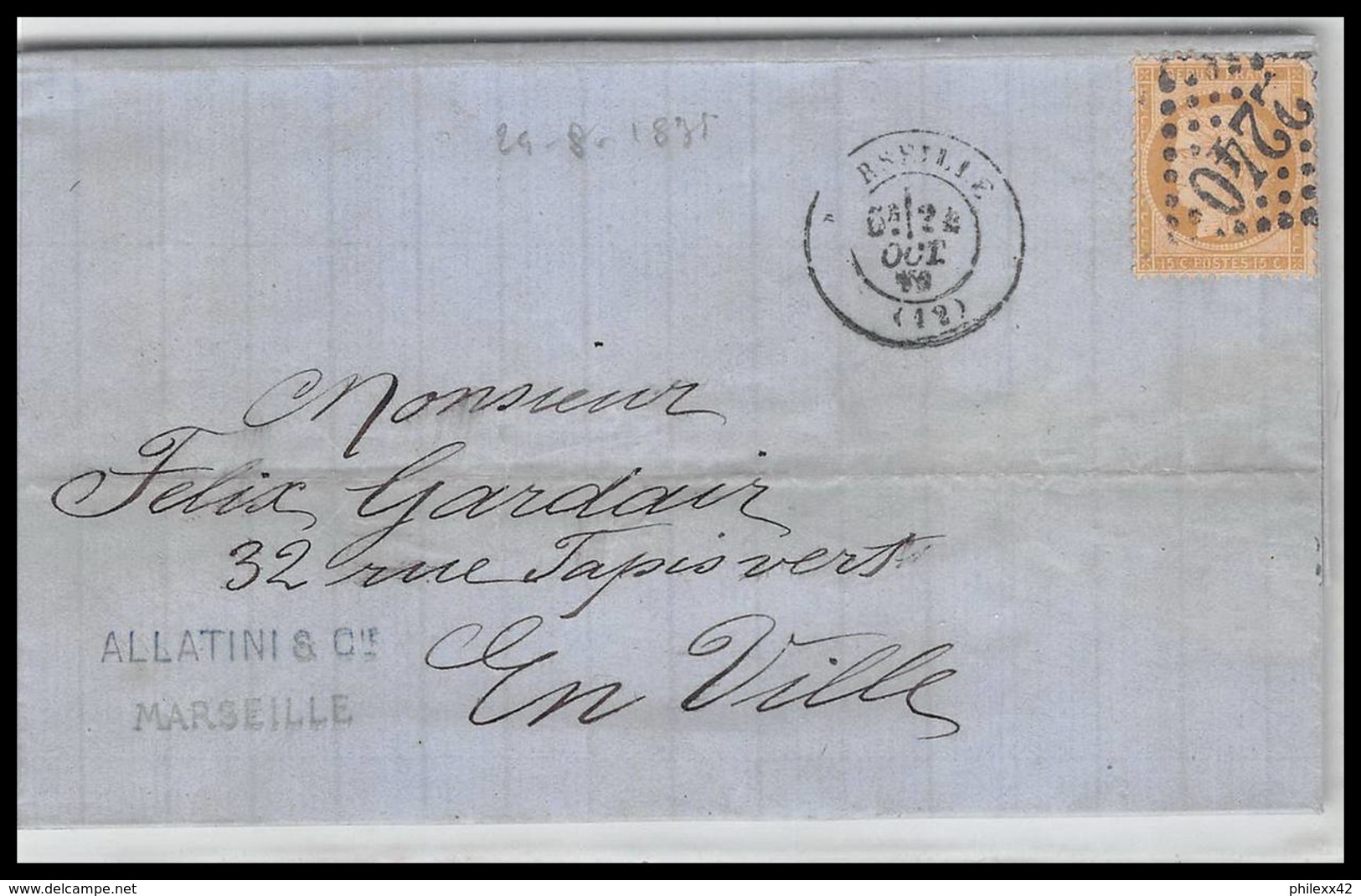 LAC Lettre-0245 Bouches Du Rhone Marseille Cérès N°59 GC 2240 Pour Marseille 29/8/1875 - 1849-1876: Période Classique