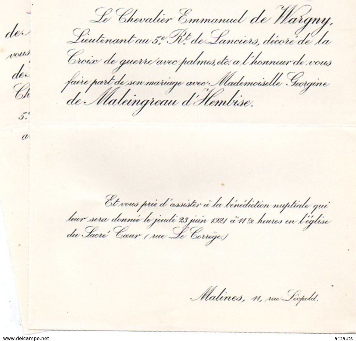 Mariage 1921 Georgine De Maleingreau D'Hembise & De Wargny Emmanuel Malines Bruxelles Lieutenant 5reg De Lanciers - Mariage