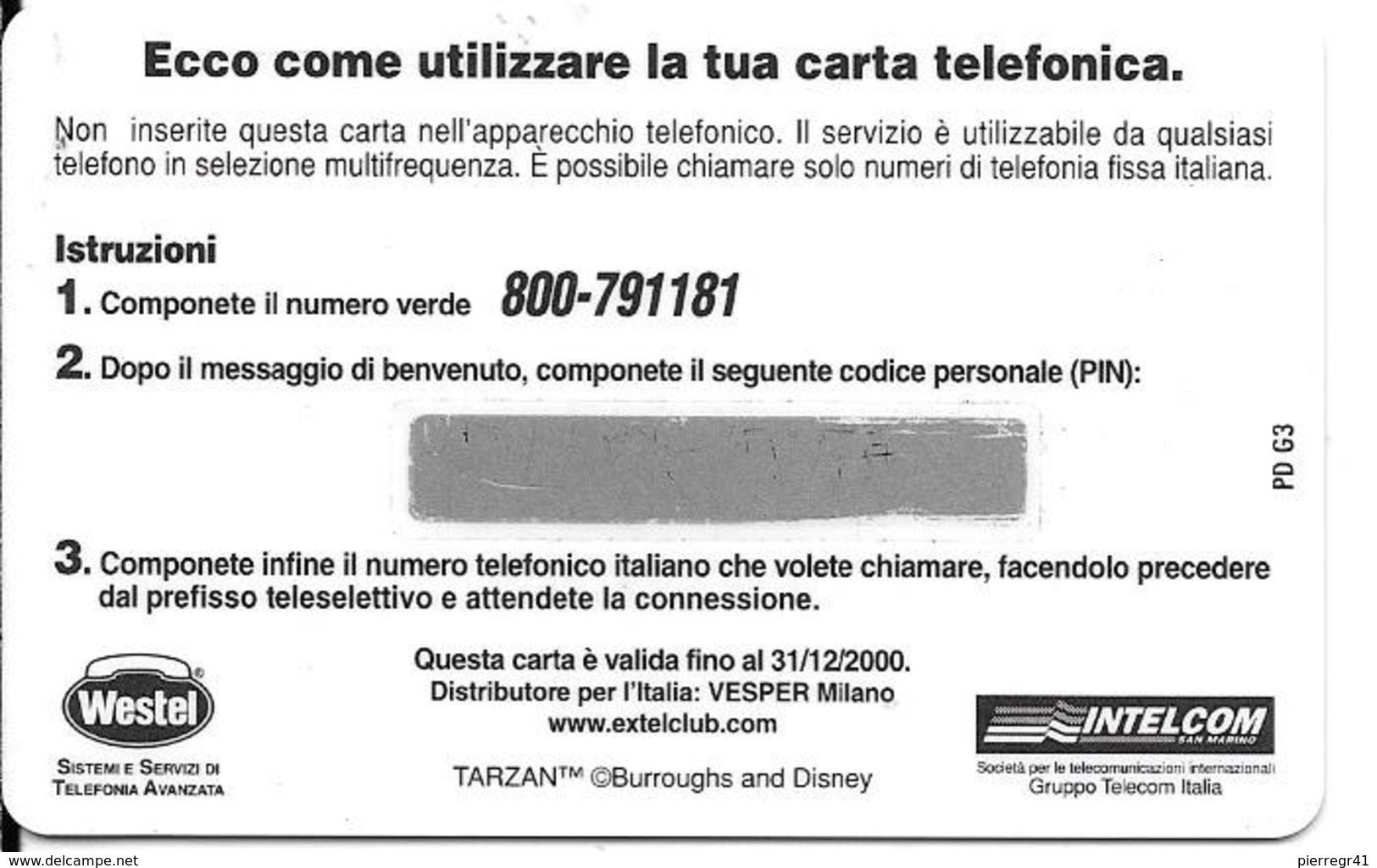 CARTE-PREPAYEE-ITALIE-INTELCOM-WESTEL-50U-TARZAN-NEUVE-- LUXE - Disney