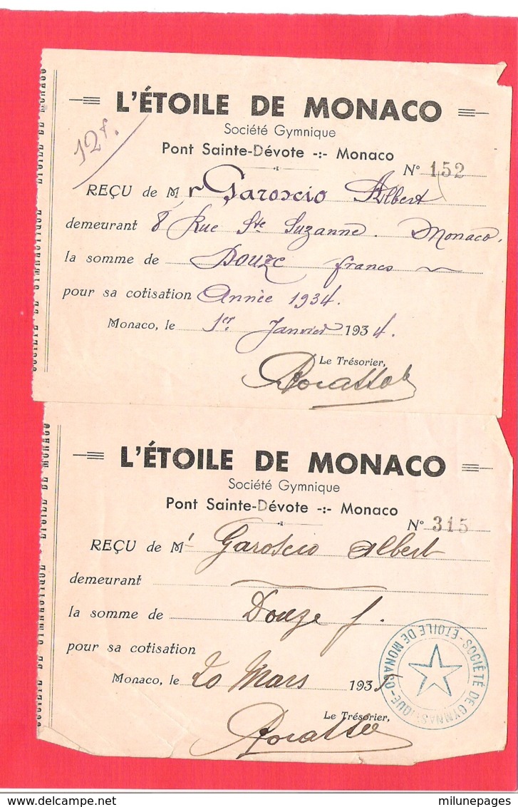 Société Gymnique L'Etoile De Monaco Lot 2 Reçus De Cotisation 1934-1935 - Ginnastica