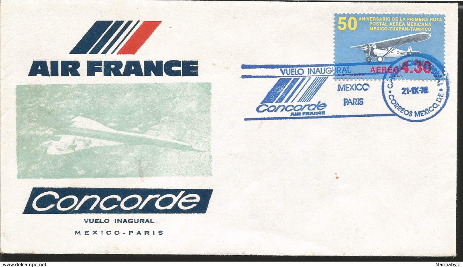 J) 1978 MEXICO, 50th ANNIVERSARY OF THE FIRST ROUTE POSTAL MEXICAN AERONA MEXICO-TUXPAN-TAMPICO, AIR FRANCE, CONCORDE, F - Mexico