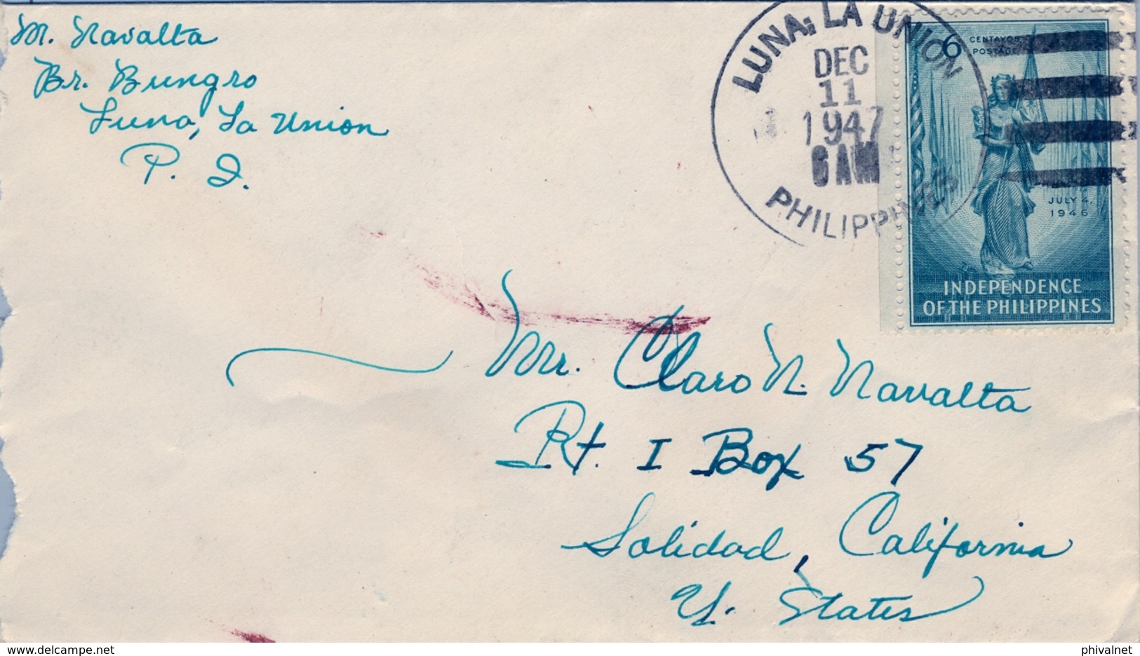 1947 FILIPINAS / PHILIPPINES , SOBRE CIRCULADO , LUNA / LA UNIÓN - SOLEDAD ( CALIFORNIA ) , INDEPENDENCIA - Philippines