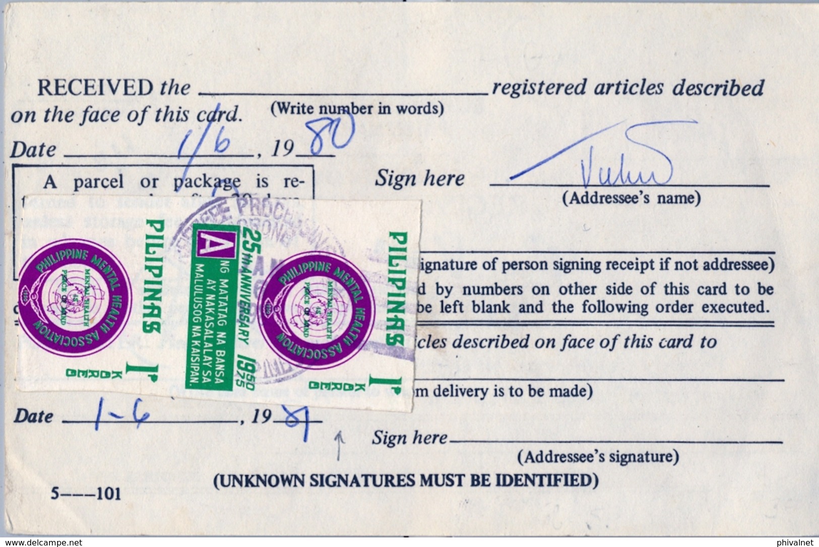 1981 FILIPINAS / PHILIPPINES , RESGUARDO DE CERTIFICADO , ASOCIACIÓN DE SALUD MENTAL DE FILIPINAS - Filipinas