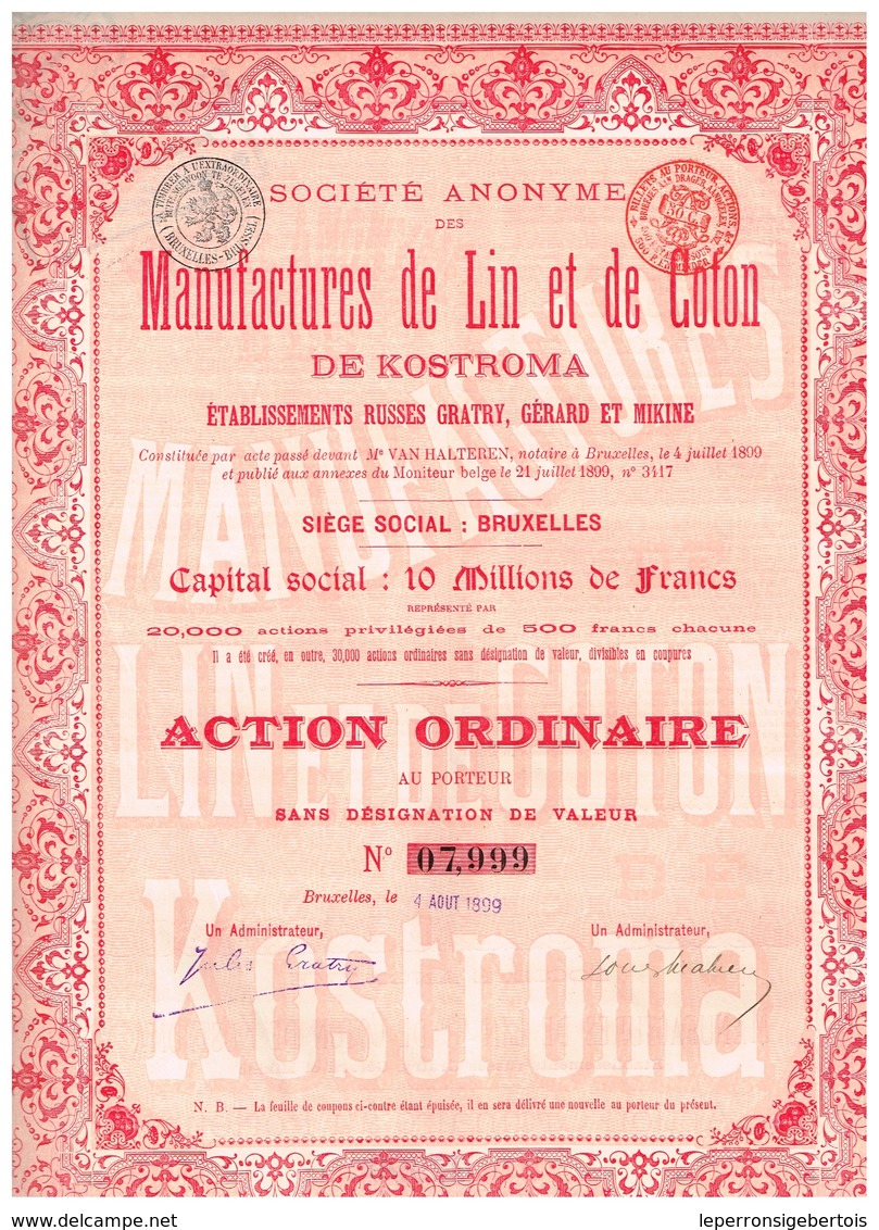 Action Ancienne - Sté Anonyme Des Manufacture De Lin Et De Coton De Kostroma - Titre De 1899 - - Rusia