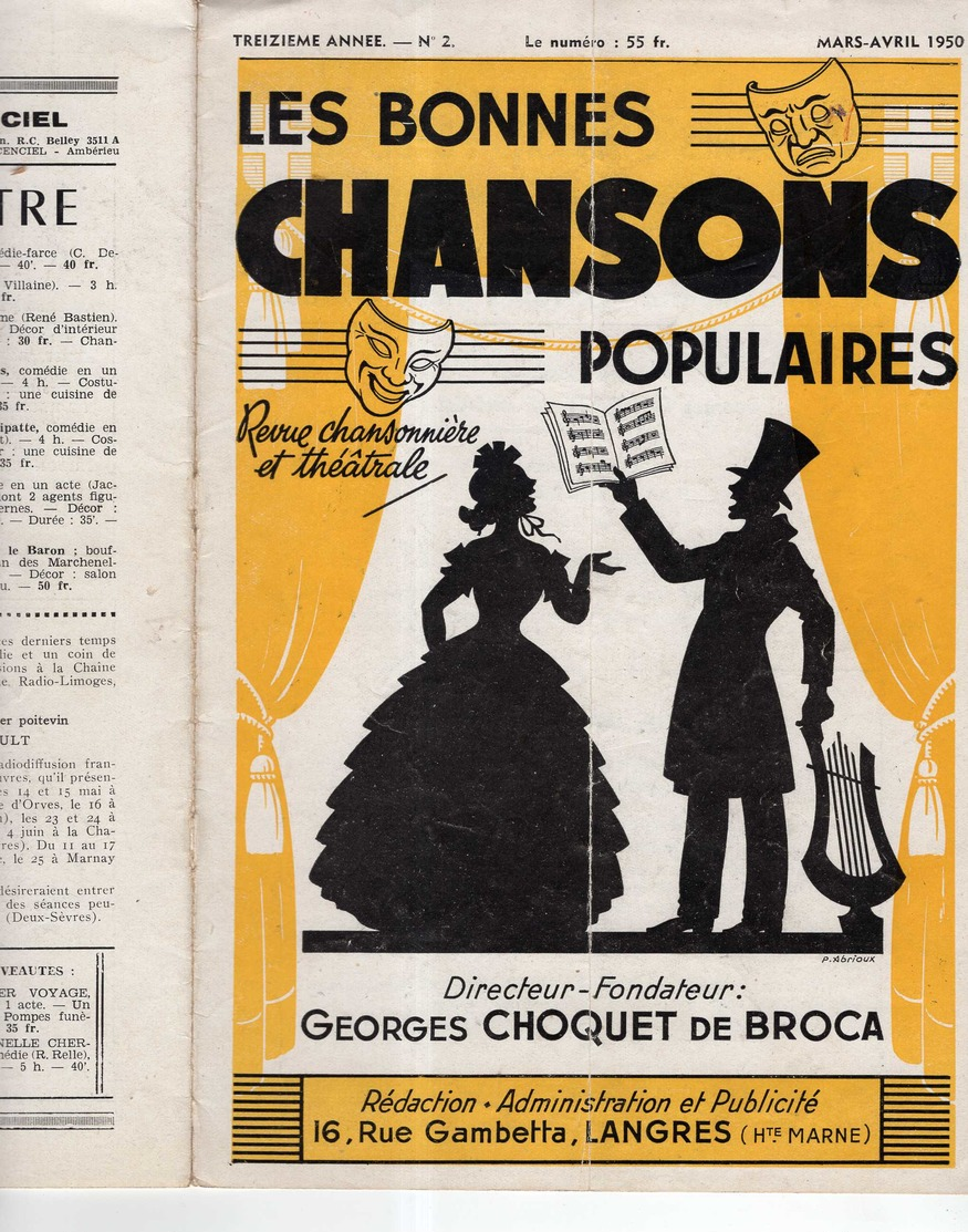 40 60 LES BONNES CHANSONS POPULAIRES 04/1950 PARTITION REVUE +THÉÂTRE CHOQUET DE BROCA LANGRES 52200 PIERRE ABRIOUX - Autres & Non Classés