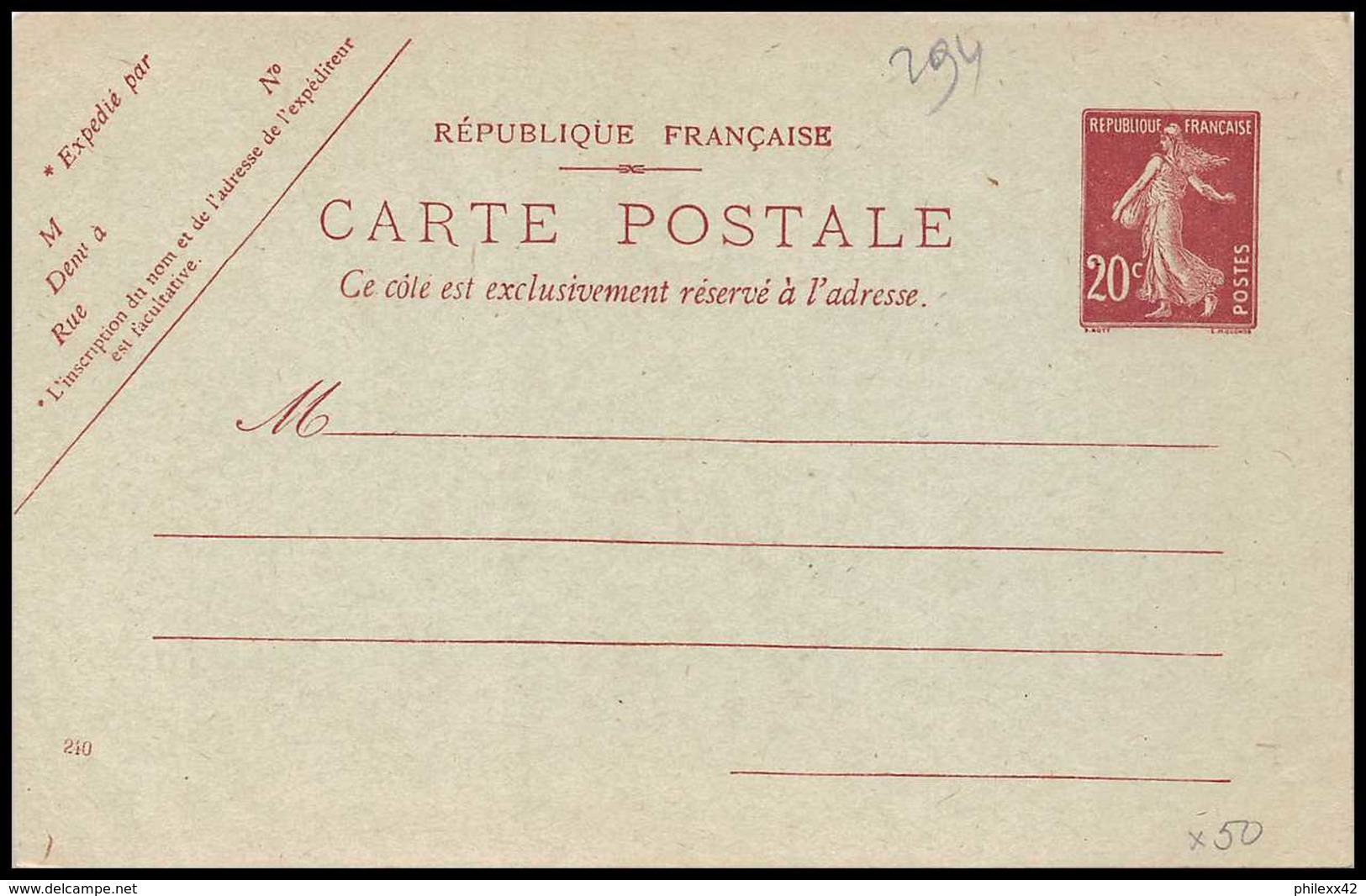 1102 France Entier Postal Stationery Carte Postale Semeuse 20c Marron Neuf H1 Date 240 - Cartes Postales Types Et TSC (avant 1995)