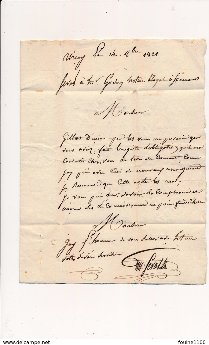 Courrier De 1821 Pour Le Notaire Royale De SAINT AMAND MONTROND 18 / Lieux Et Expéditeur à Identifier - 1801-1848: Vorläufer XIX