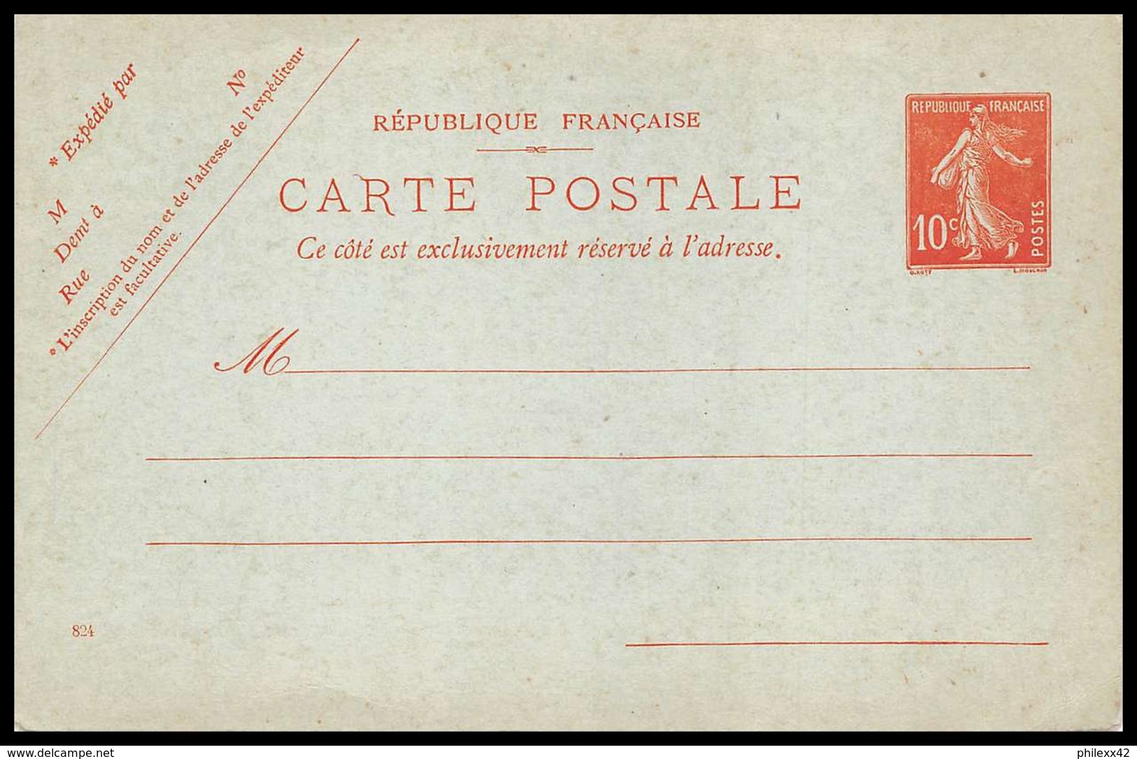 17097 France Entier Postal Stationery Type Semeuse 10 Rouge N°SEC E1 Date 824 - Cartes Postales Types Et TSC (avant 1995)