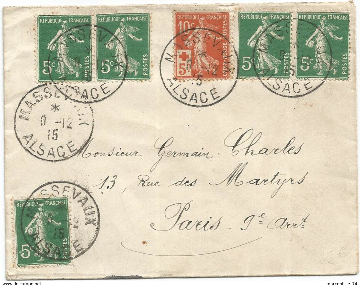 SEMEUSE 10C CROIX ROUGE +5CX5 LETTRE MASSEVAUX 9.12.1915 ALSACE POUR PARIS - 1906-38 Semeuse Camée