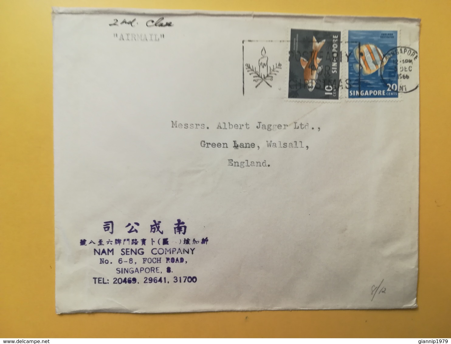 1966 BUSTA INTESTATA AIR MAIL SINGAPORE  BOLLI FAUNA  STORIA POSTALE DESTINATION ENGLAND ETICHETTA CHRISTMAS ANNULLO - Singapur (1959-...)