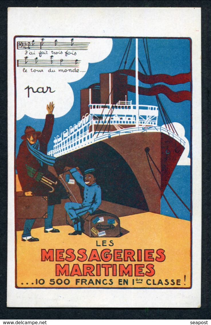 1920'S POSTER ADVERT PC -- MESSAGERIES MARITIMES -- 10 500 FRANCS EN 1ERE CLASSE ! (+ AMERICAN TOURIST ?) - Piroscafi