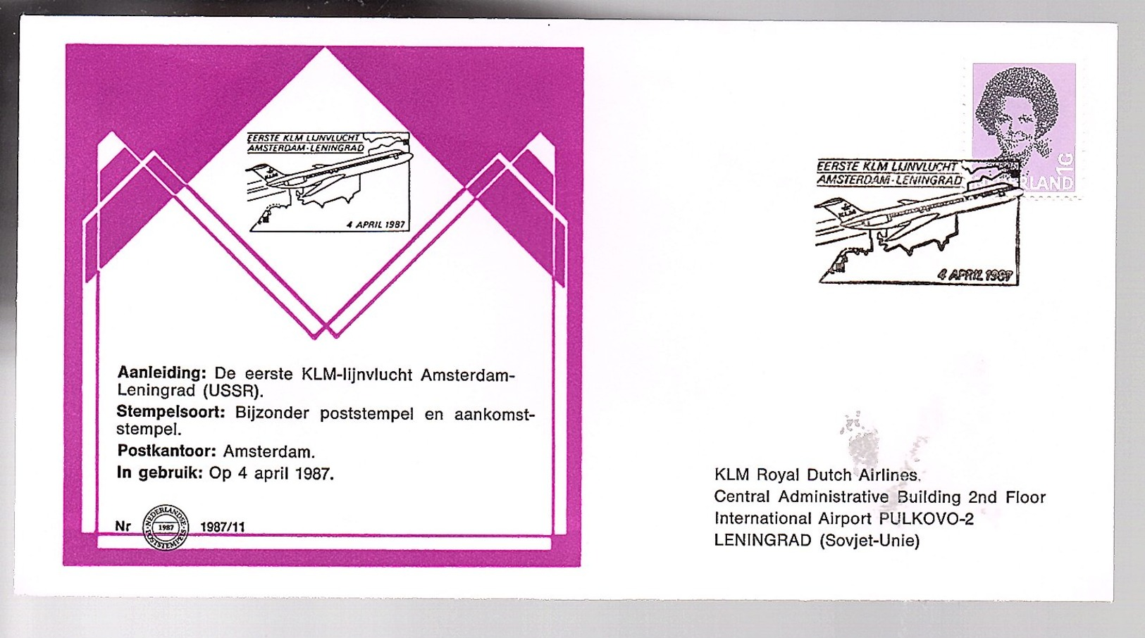 1987 1st Flight KLM Amsterdam > USSR Leningrad LIMITED QUANTITY ISSUED (EW-68) - Briefe U. Dokumente