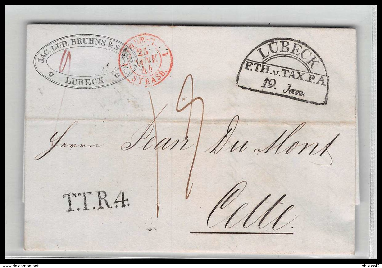 41151 Lettre LAC Allemagne Deutschland Lubeck TTR4 TT Tour T Strasbourg 1844 Cette France Marque D'entree Vorlaufer - Vorphilatelie