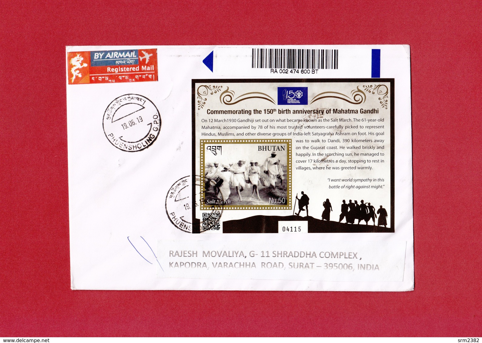 Bhutan -150th Birth Anniversary Of Mahatma Gandhi - MS On Registered Cover To India, QR Code, Salt March, Quote, - Mahatma Gandhi