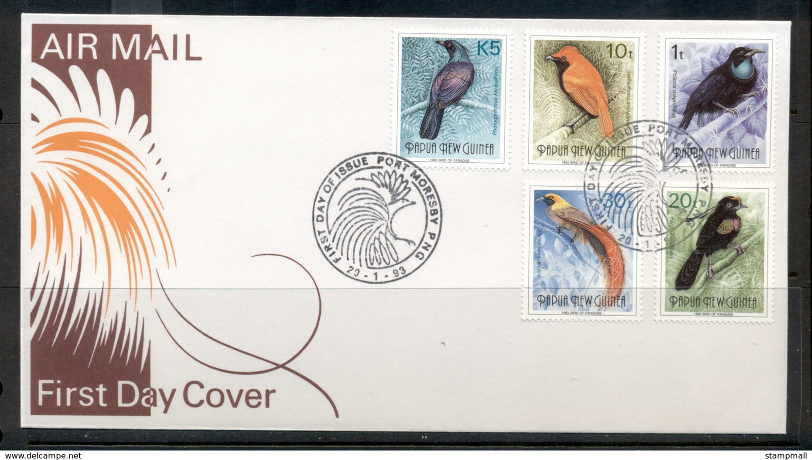 PNG 1993 Birds Of Paradise IV(5) (1t,10t,20t,30t,K5) FDC - Papua New Guinea