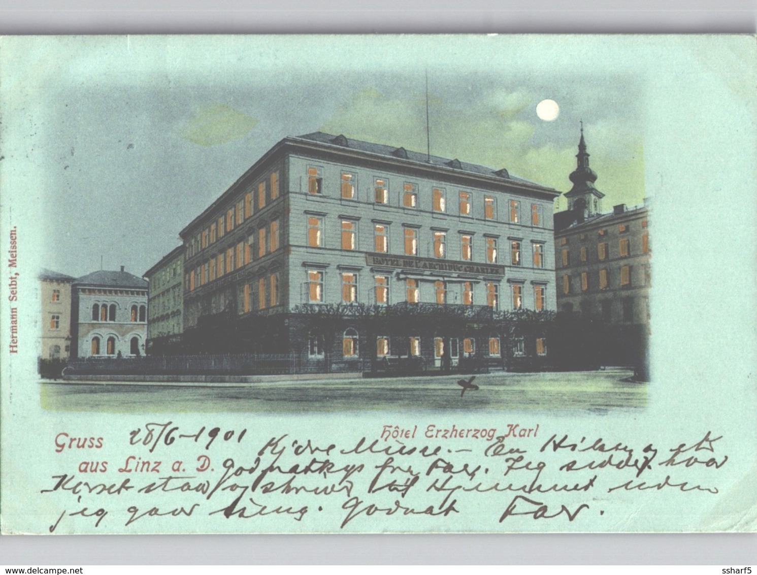 Gruss Aus Linz Quasi Halt-gegen-Licht Hotel Erzherzog Karl Mondscheinkarte 1901 Gelaufen - Linz