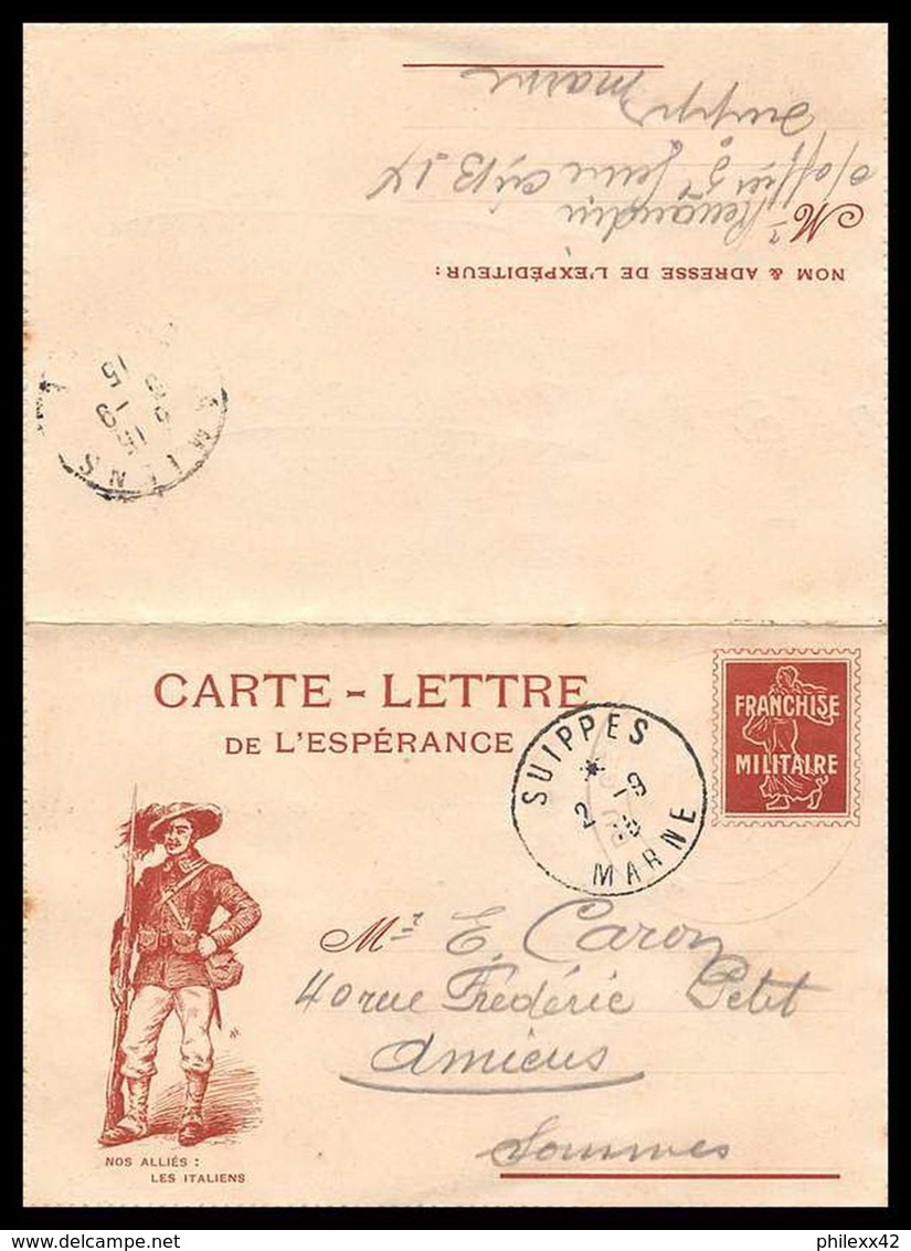 42537 Carte Lettre De L'esperance En Franchise Nos Alliés Les Italiens Suippes 1916 Guerre 1914/1918 War Postcard - Guerre De 1914-18