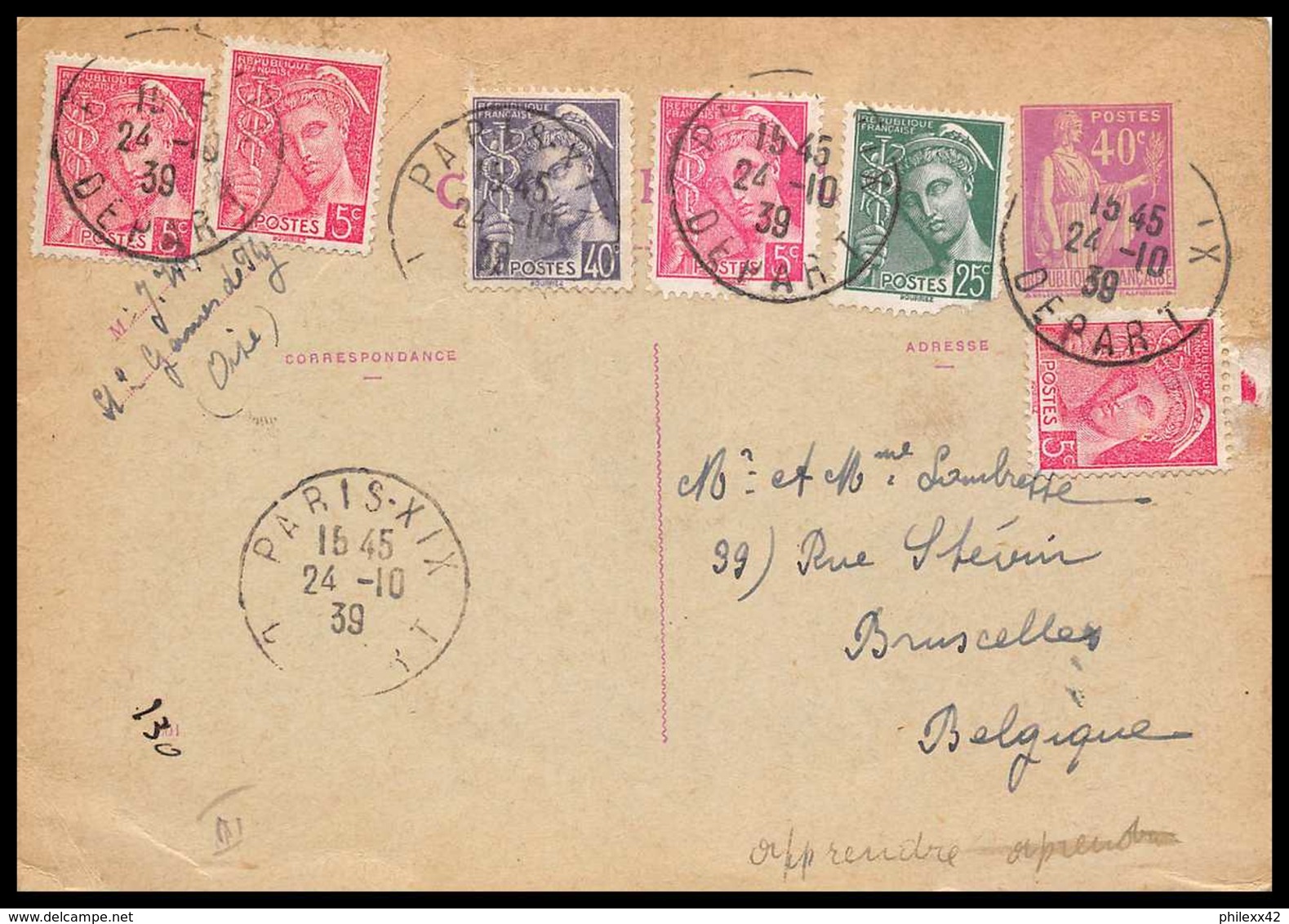 4350 Paix 40c Complement Mixte Mercure 1939 Carte Postale Bruxelles Belgique France Entier Postal Stationery - Standard- Und TSC-AK (vor 1995)