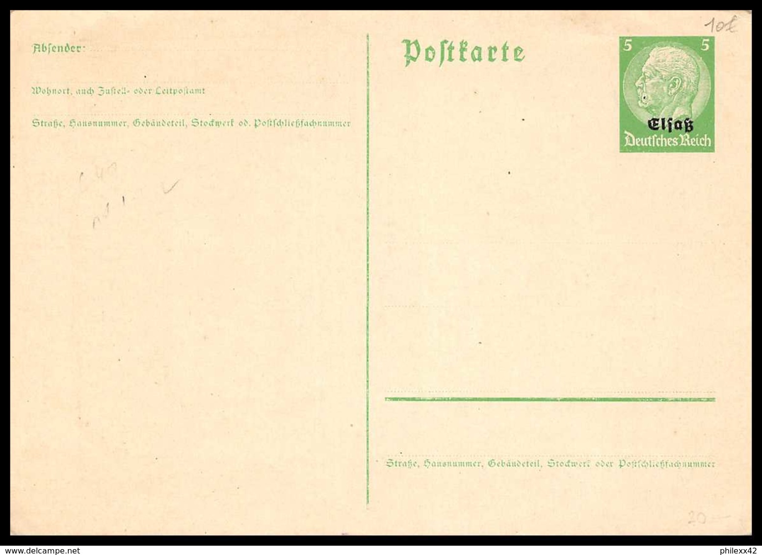 4617 Hindenburg Elsass Alsace Neuf Tb Alsace Lorraine Carte Postale Allemagne (germany) Entier Postal Stationery - Cartes Postales Types Et TSC (avant 1995)