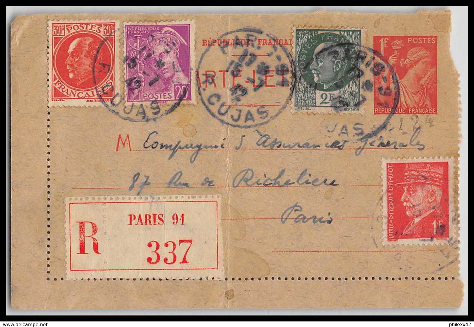 4694 Iris 1f Affranchissement Mixte Compose Complement Recommandé 1942 Paris Cujas Carte Lettre France Entier Stationery - Cartes-lettres