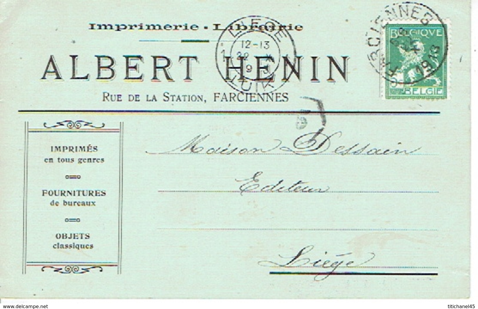 CP Publicitaire FARCIENNES 1913 - ALBERT HENIN - Imprimerie-Librairie - Farciennes