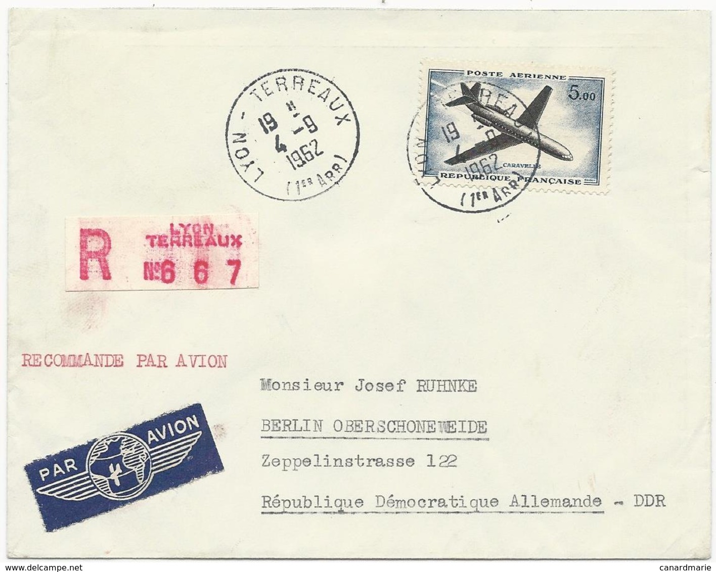 LETTRE RECOMMANDEE PAR AVION POUR L'ALLEMAGNE 1962 AVEC TIMBRE A 5,00 FR CARAVELLE - 1960-.... Briefe & Dokumente