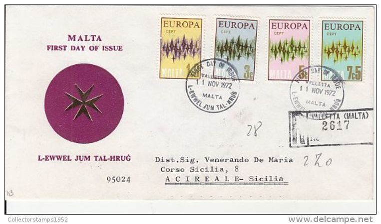 6757FM- STARS, EUROPA CEPT, REGISTERED COVER FDC, 1972, MALTA - 1972