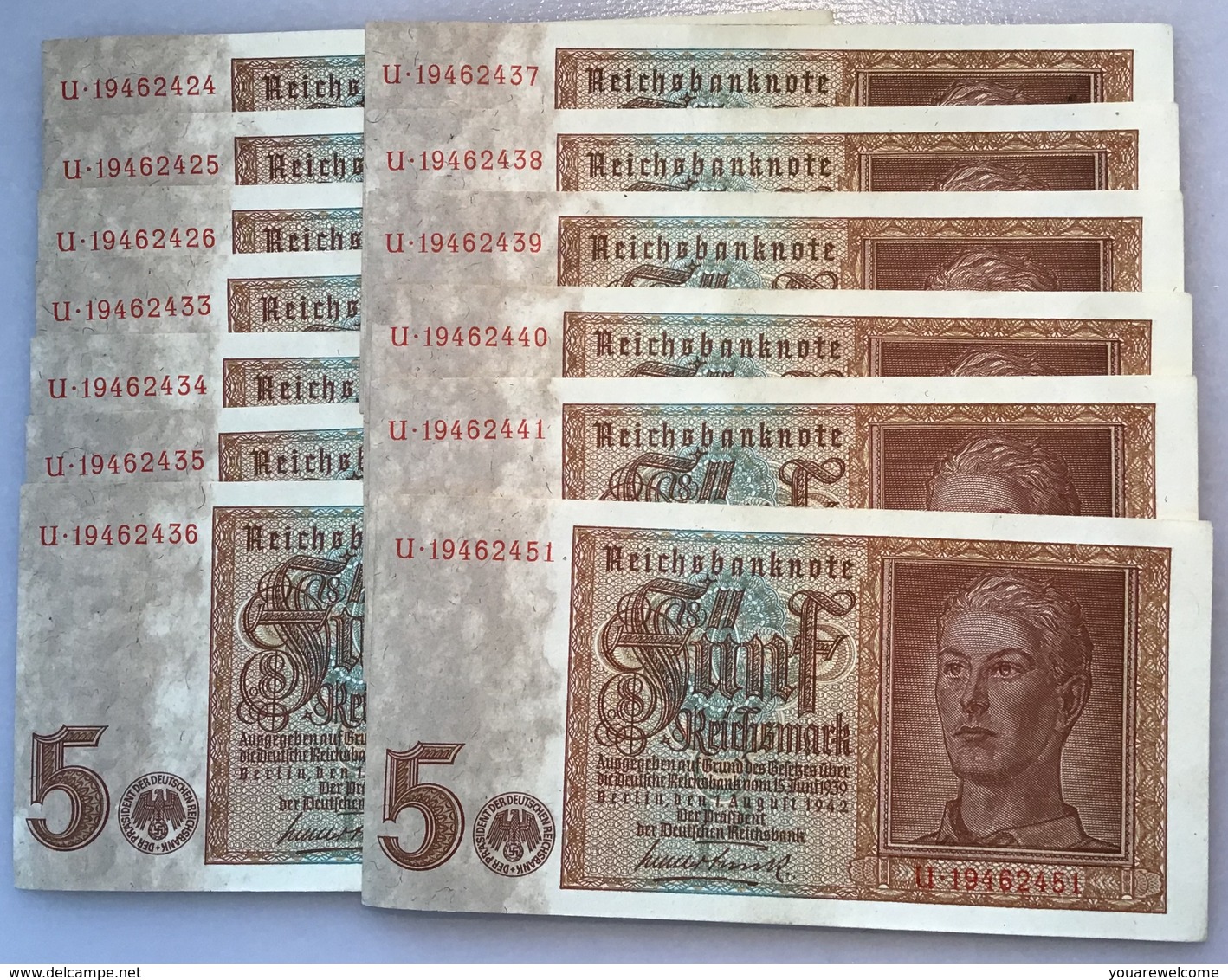 1942 5 Reichsmark „Hitlerjunge“ Ro. 179b UNZIRCULIERT / UNC 13 Stück (Deutsches Reich Drittes Reich Banknote Billet - 5 Reichsmark