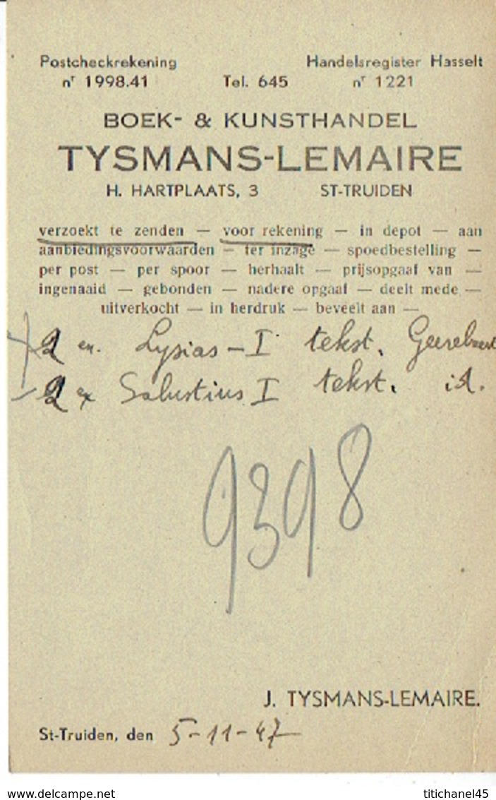 PK Publicitaire SINT-TRUIDEN 1947 - Boek- & Kunsthandel TYSMANS-LEMAIRE - Sint-Truiden