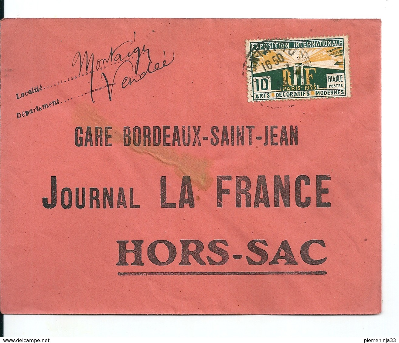 Lettre Hors Sac / Journal La France / Gare Bordeaux St Jean, 1925 - Covers & Documents