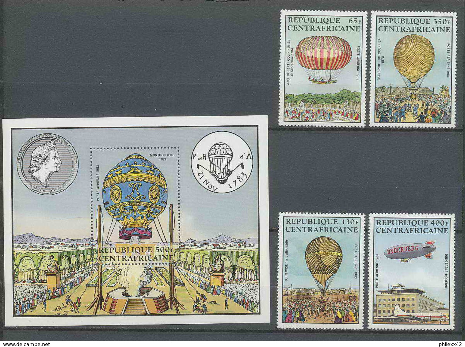 Centrafricaine 056 N°272/275 + Bloc PA Zeppelins Montgolfieres (Airships) Cote 10.50 MNH ** - Montgolfières