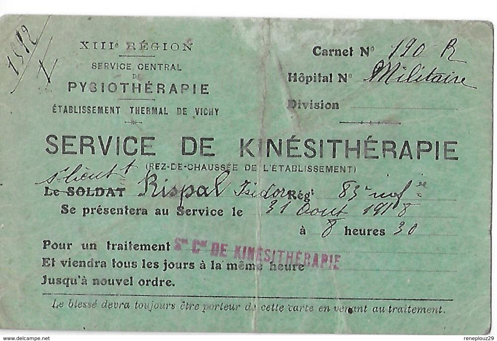 03- Carte De Convocation Au Service De Kinésithérapie à L'Ets. Thermal De Vichy-service De Pysiothérapie (sans H)- - Guerre De 1914-18