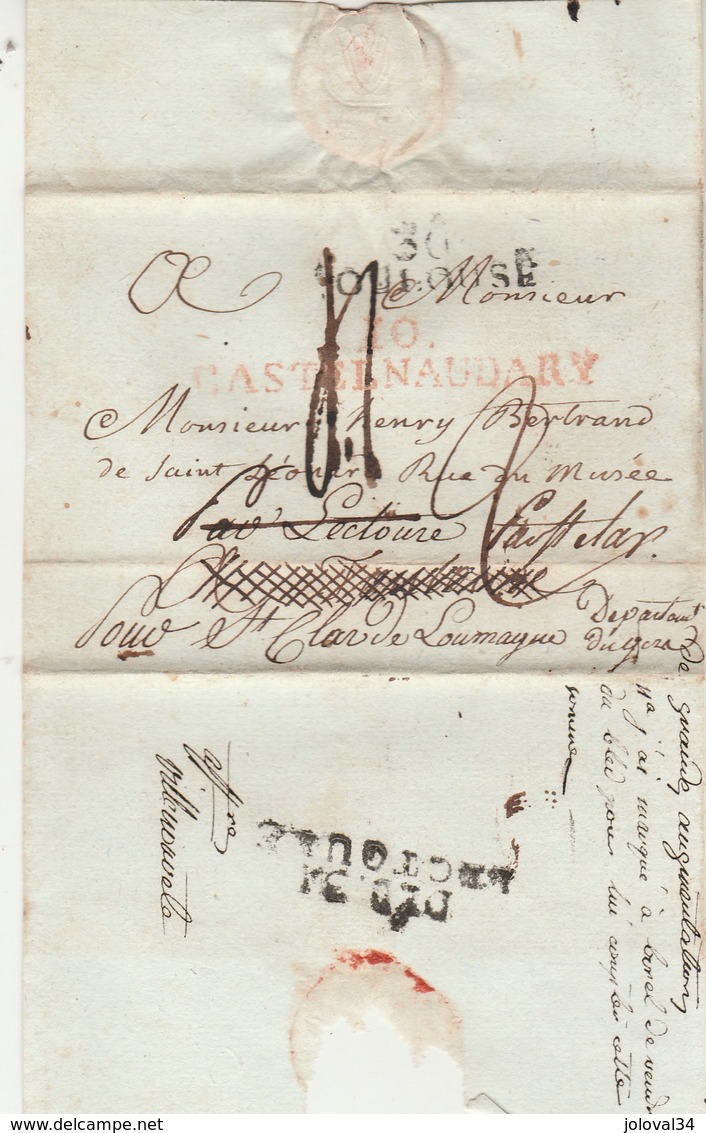Lettre LSC Marque Postale Verso Déboursé DEB 31 LECTOURE Gers Recto 10 CASTELNAUDARY ( Rouge ) Aude + 30 TOULOUSE - 1801-1848: Précurseurs XIX