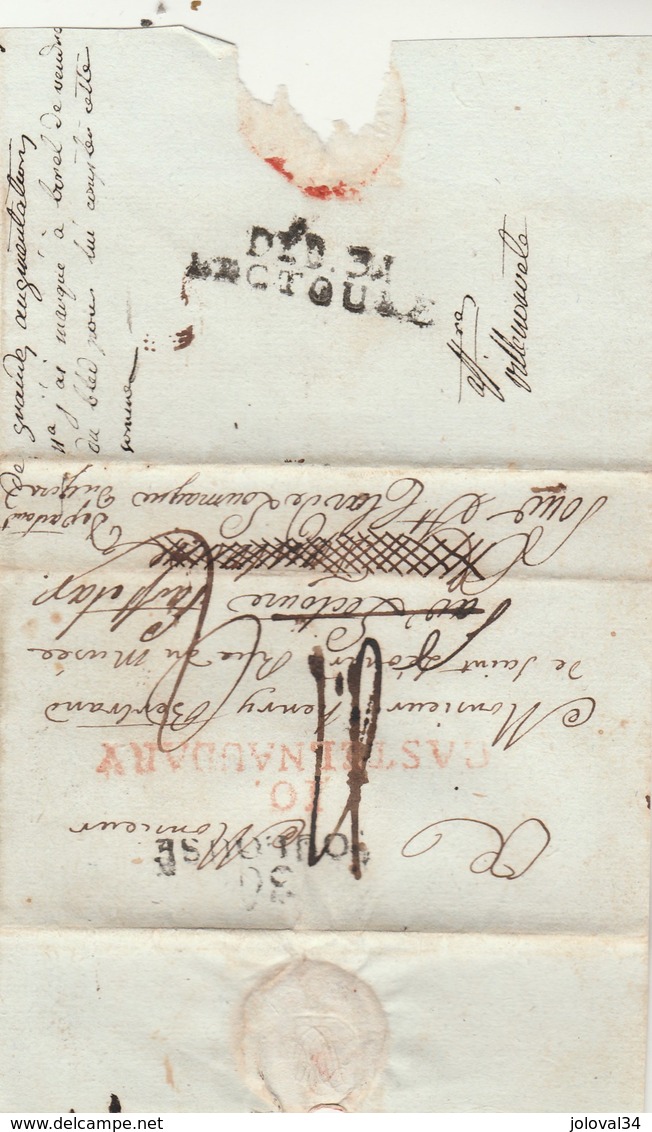 Lettre LSC Marque Postale Verso Déboursé DEB 31 LECTOURE Gers Recto 10 CASTELNAUDARY ( Rouge ) Aude + 30 TOULOUSE - 1801-1848: Precursori XIX