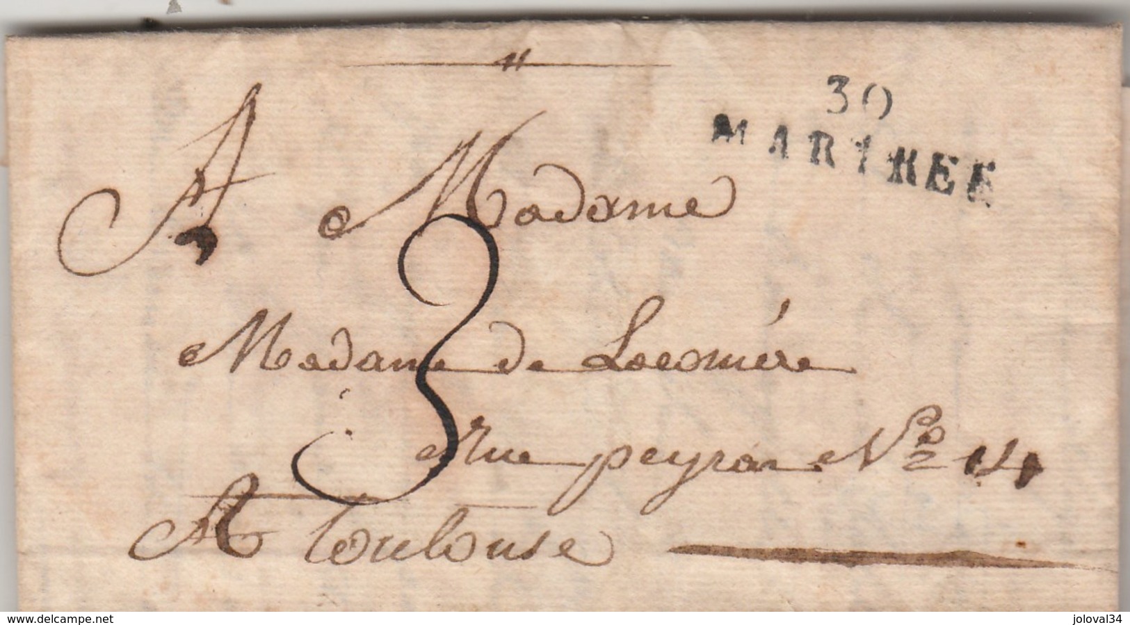 Lettre De Sana Marque Postale 30 MARTRES 28 X 8 Mm Haute Garonne 24/10/1820 Taxe Manuscrite Pour Toulouse - 1801-1848: Précurseurs XIX