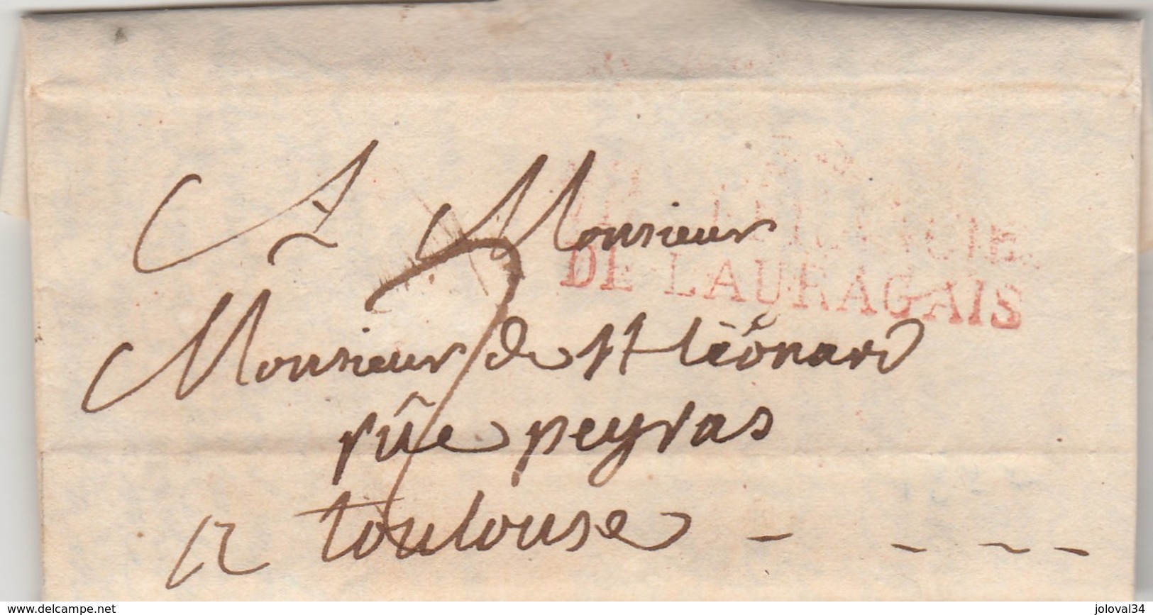 Lettre De Labarthe Marque Postale Rouge VILLEFRANCHE DE LAURAGAIS Haute Garonne 25/7/1822 Taxe Manuscrite à Toulouse - 1801-1848: Précurseurs XIX