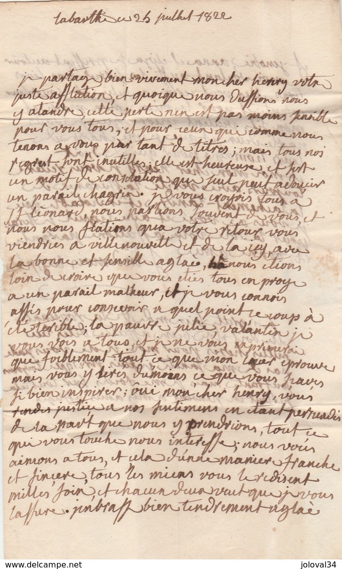 Lettre De Labarthe Marque Postale Rouge VILLEFRANCHE DE LAURAGAIS Haute Garonne 25/7/1822 Taxe Manuscrite à Toulouse - 1801-1848: Précurseurs XIX