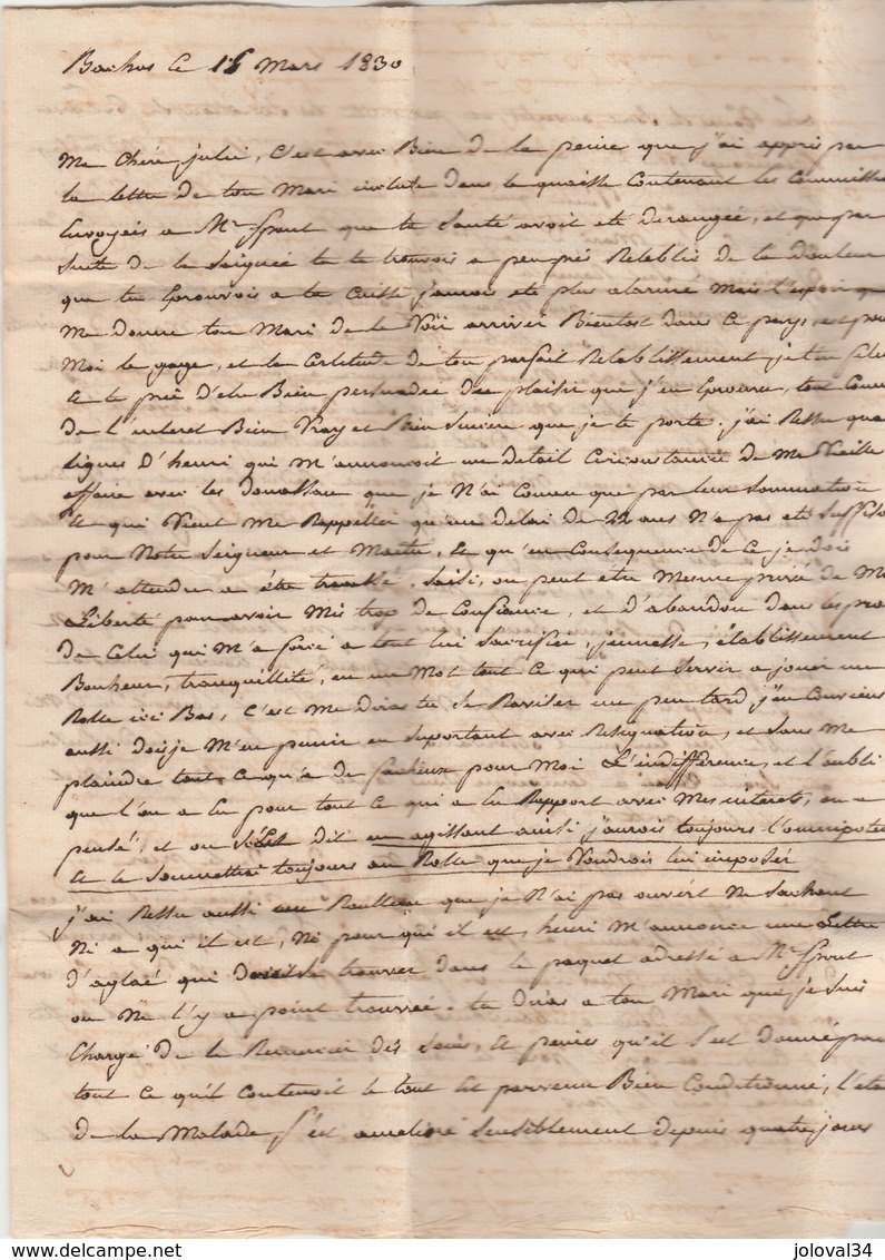 Lettre De Bachos Marque Postale 30 ST GAUDENS Haute Garonne 18/3/1830 Taxe Manuscrite à Toulouse - Dateur - 1801-1848: Précurseurs XIX