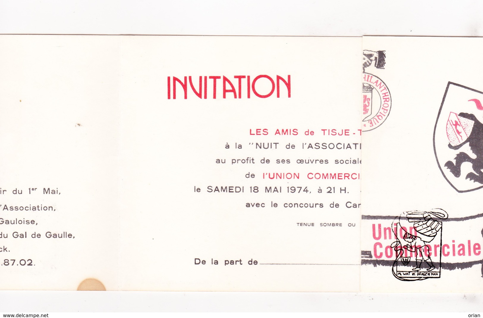 Invitation - Les Amis De Tisje Tasje - Hazebrouck FR Nord 1974 Nuit Ass Philanthropique / Concours Caravelli & Orchestre - Tickets D'entrée